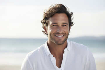 Portrait of handsome man smiling at camera at beach on a sunny day
