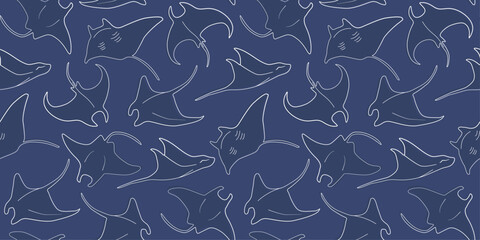 Seamless pattern with silhouettes of sea animals stingrays swimming in the water. Linear vector graphics.