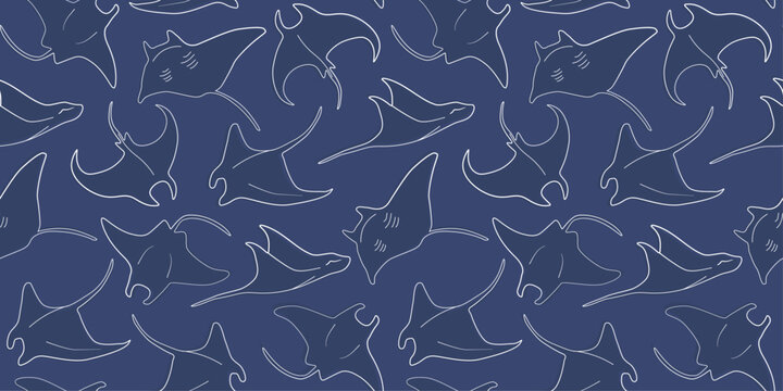 Seamless pattern with silhouettes of sea animals stingrays swimming in the water. Linear vector graphics.