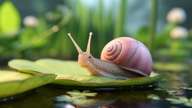 A soft peach-colored snail gliding on the surface of a calm pond, surrounded by water lilies -Generative Ai
