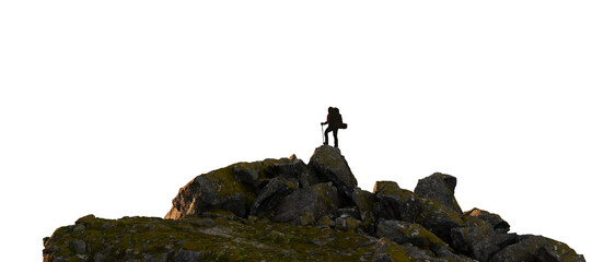 Adventure Woman Hiker standing on top of Rocky Mountain Peak. PNG Cutout. 3d Rendering