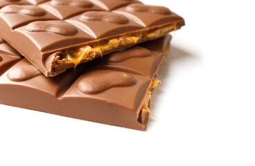 Broken chocolate filled with caramel and nuts on a white background, close-up.