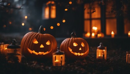 Eerie Halloween Night with Glowing Jack-o'-Lanterns