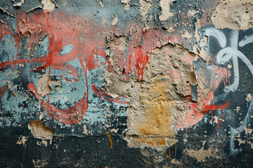 Faded graffiti on a dirty wall, an atmospheric scene featuring faded and peeling graffiti on a dirty wall.