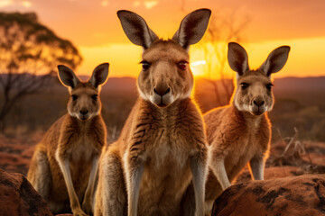 Kangaroos grazing against the backdrop of a brilliant sunset, showcasing Australia's unique wildlife in a natural setting. Generative Ai.