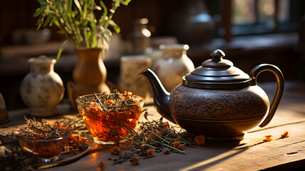 Tea Moments. Teapot and Steeping Tea Leaves