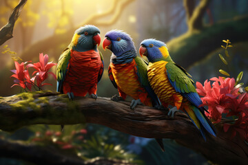 Unique birdlife, such as the colorful lorikeets, representing Australia's diverse and vibrant avian species. Generative Ai.