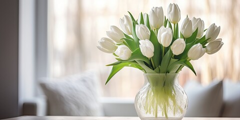 White tulips in a vase on a table for displaying works. - obrazy, fototapety, plakaty
