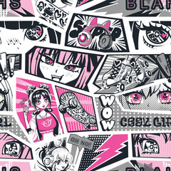 Abstract seamless anime girl pattern with comics style background, skateboard illustration, skate rollers,text Cool girl, headphones with cat ears. Anime Eyes repeat ornament. Manga girls. 