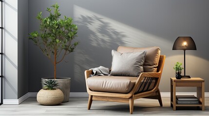 Stylish scandinavian living room with armchair, loft modern home decor style - obrazy, fototapety, plakaty