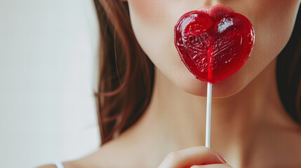 woman with heart shaped lollipop on white background, closeup