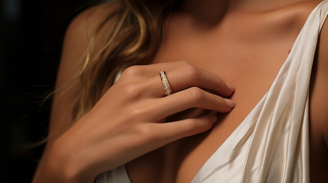 closeup of a model's hand with a gold ring