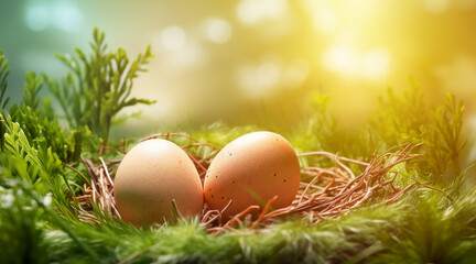 Fototapeta na wymiar Two eggs are lying in a nest in the green grass on a sunny day. a place for the text.