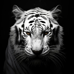 Portrait of white bengal tiger on a black background. Copy space for text, advertising, message, logo