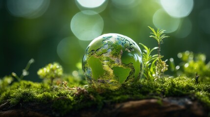 Transparent earth globe with green plant on the tropical rainforest blur background. Generate AI - obrazy, fototapety, plakaty
