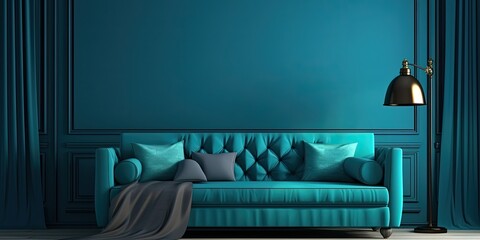 Blue sofa with decorative pillows in teal blue room with molding, white curtains, and black lamp.