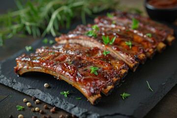 Ribs grilled with BBQ sauce and caramelized in honey. Generative AI
