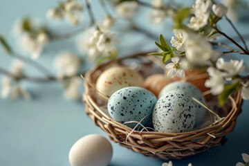 Fototapeta premium Basket with colorful pastel eggs. Spring easter composition. Generative AI