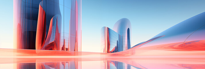 Modern reflective buildings in a surreal sunset ambiance