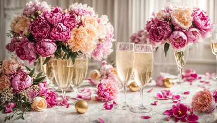 Obraz na płótnie Canvas Glass of champagne, bouquet of flowers background concept
