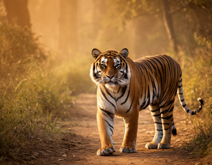 Fototapeta premium Wild Royal Bengal Tiger walking during Outdoor Jungle, sharp focus, majestic, Bangladesh