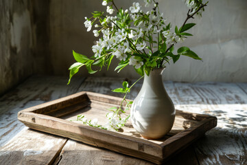 Home interior spring decor. Wooden tray, vase with fresh flowers and greenery. Generative AI