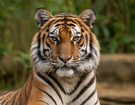 A close-up of a Royal Bengal Tiger Face sitting on the ground, sharp focus, majestic, Bangladesh