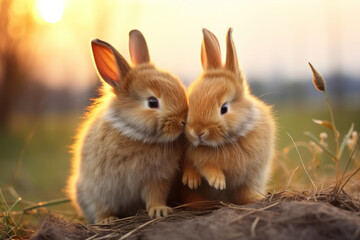 Fototapeta premium A pair of affectionate bunnies grooming each other, symbolizing the close bond and social nature of rabbits in a household. Concept of bunny companionship. Generative Ai.