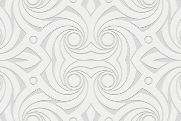 Embossed white background, exotic cover design. Handmade, arabesques. Geometric ethnic 3D pattern. Ornamental decorative art of the East, Asia, India, Mexico, Aztec, Peru.