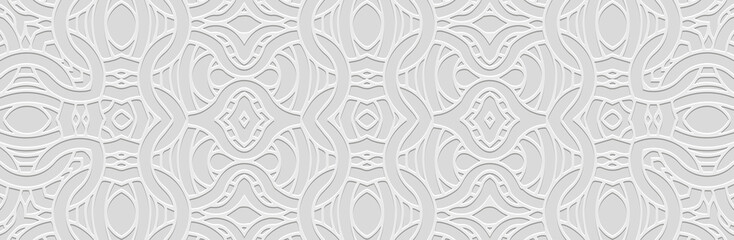 Banner, elegant cover design. Embossed ethnic tribal geometric 3D pattern on white background. Ornamental decorative art of the East, Asia, India, Mexico, Aztec, Peru. - obrazy, fototapety, plakaty