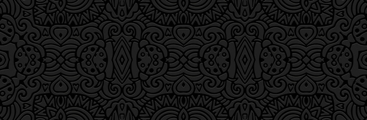 Banner, exotic cover design. Embossed ethnic tribal geometric 3D pattern on black background. Ornamental decorative art of the East, Asia, India, Mexico, Aztec, Peru.