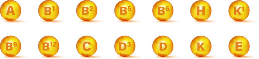 Set of Multi Vitamin complex icons. Multivitamin supplement. Vitamin A, B group B1, B2, B3, B5, B6, B9, B12, C, D, D3, E, K, H, K1, PP. Essential vitamin complex. Healthy life concept - obrazy, fototapety, plakaty