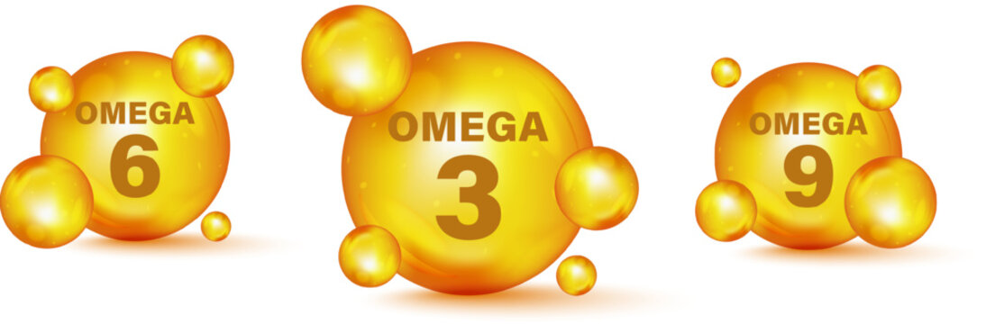 Vector omega acids. Polyunsaturated fatty Omega-3, Omega-6, Omega-9. Set of gold drops icons Omega Three, Six And Nine. Omega fatty acid, epa, dha. Healthy food supplements fatty acid, fish oil