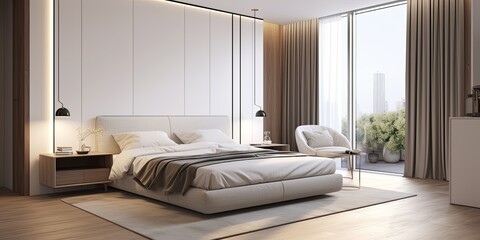 Minimalist and contemporary indoor design for a hotel apartment bedroom.
