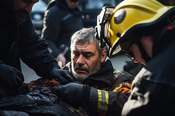 Fototapeta premium A paramedic administering first aid at an accident scene, exemplifying the critical and time-sensitive nature of emergency medical services. Concept of pre-hospital care. Generative Ai.