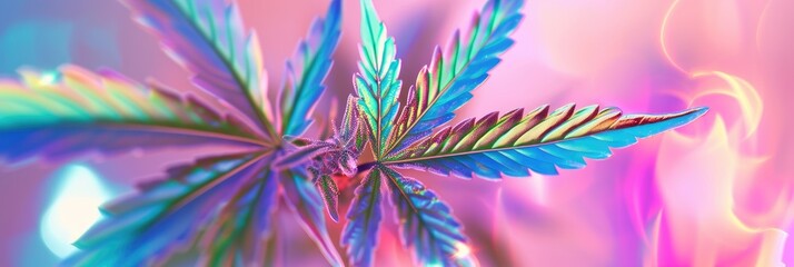 A Stylized Rainbow-Iridescent Cannabis Icon Symbol in the Style of Iridescent Opalescent Holographic Background created with Generative AI Technology