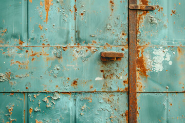 Rustic metal door with peeling paint, an image showcasing a weathered metal door with peeling paint, rust, and aged textures. - obrazy, fototapety, plakaty
