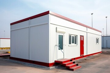 Newly constructed mobile industrial building with single storey prefabricated office container at construction site. Generative AI - obrazy, fototapety, plakaty