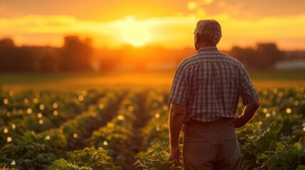 farmer standing in the middle of a field, looking at the crops. The sunset in the background bathes...