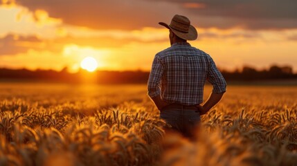 farmer standing in the middle of a field, looking at the crops. The sunset in the background bathes...