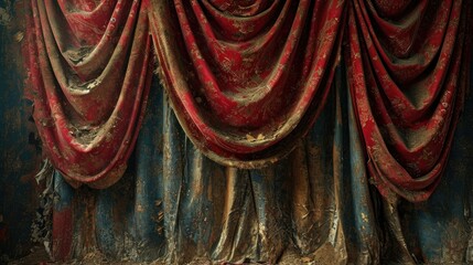Frayed and stained theater curtains, once vibrant, now telling a silent story of past glories and countless performances - obrazy, fototapety, plakaty