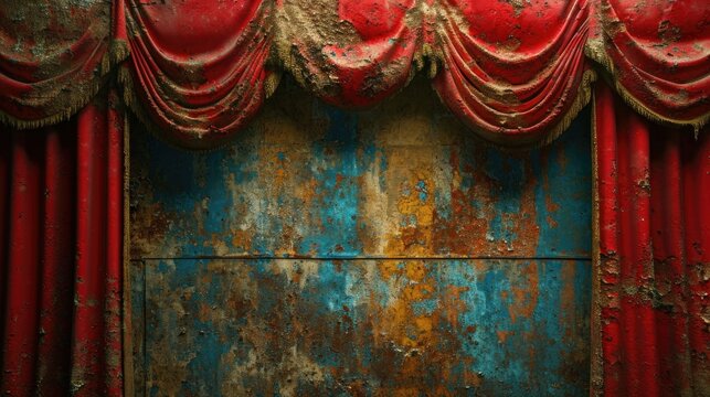 Frayed and stained theater curtains, once vibrant, now telling a silent story of past glories and countless performances