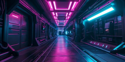 Bright Modern Futuristic Alien Reflective Concrete Corridor Tunnel Empty Room With Purple And Blue Neon Glowing Lights Hexagon Floor Background 