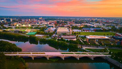Aerial Golden Hour Cityscape with Bridge Over River in Indianapolis
