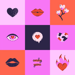 Set of cute romantic illustrations. Seamless pattern or greeting card. Valentine's Day. Love in squares. Colorful hand drawn style. Poster, cover, postcard, print on clothes