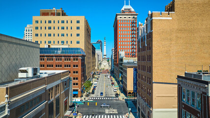 Aerial Downtown Indianapolis Street with Monument Circle View