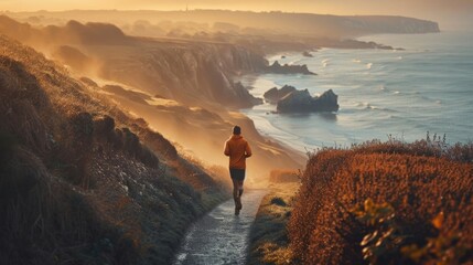 runner on a coastal path, with the ocean beside them