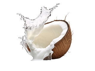 a coconut with milk splashing out of it - obrazy, fototapety, plakaty