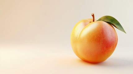 Golden peach with a green leaf on a white background. Great for healthy lifestyle promotion, fruit-related advertising, nutrition campaigns or as a design element. Banner with copy space