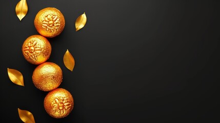 Four golden mandarins with embossed patterns and gold leaves on a black background, suitable for luxury branding or artistic compositions. Exclusive citrus fruit. Banner with copy space